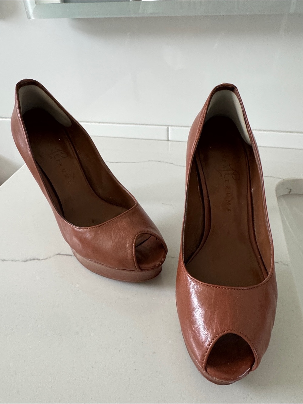 Brown Leather Peep-Toe Platform Pumps